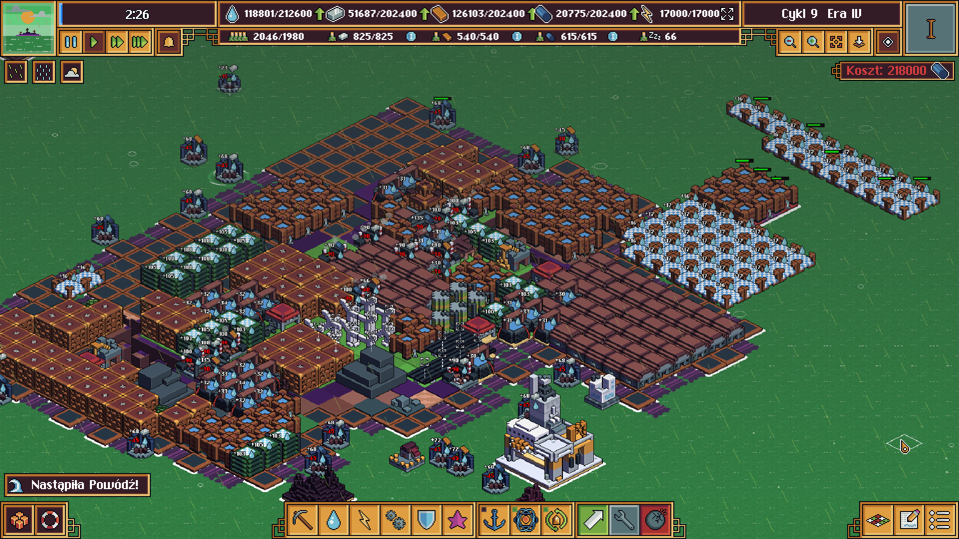 Zrzut ekranu z gry. Wyspa z wieloma budynkami, otoczona zielonym oceanem.
