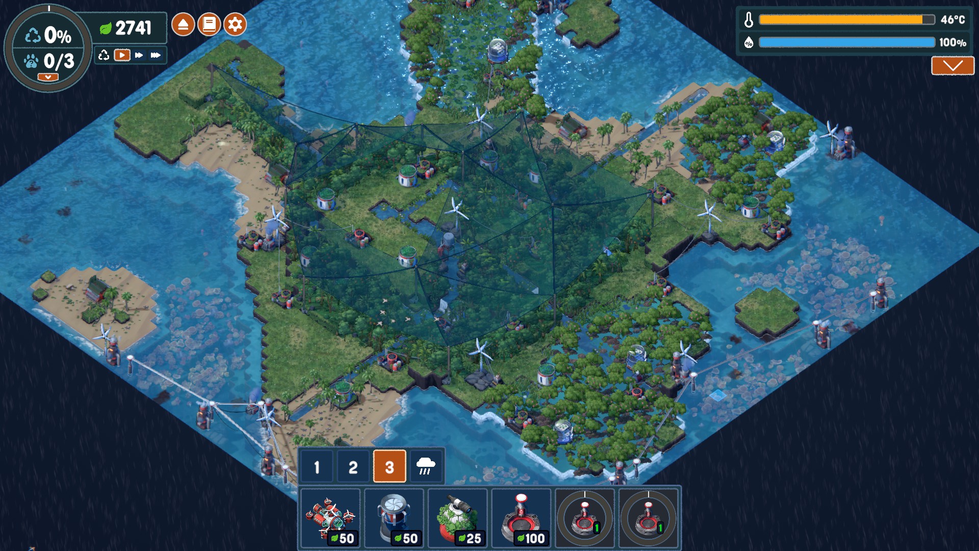 Zrzut ekranu z gry Terra Nil. Wyspa w kształcie żółwia. Wokół niej turkusowy ocean.