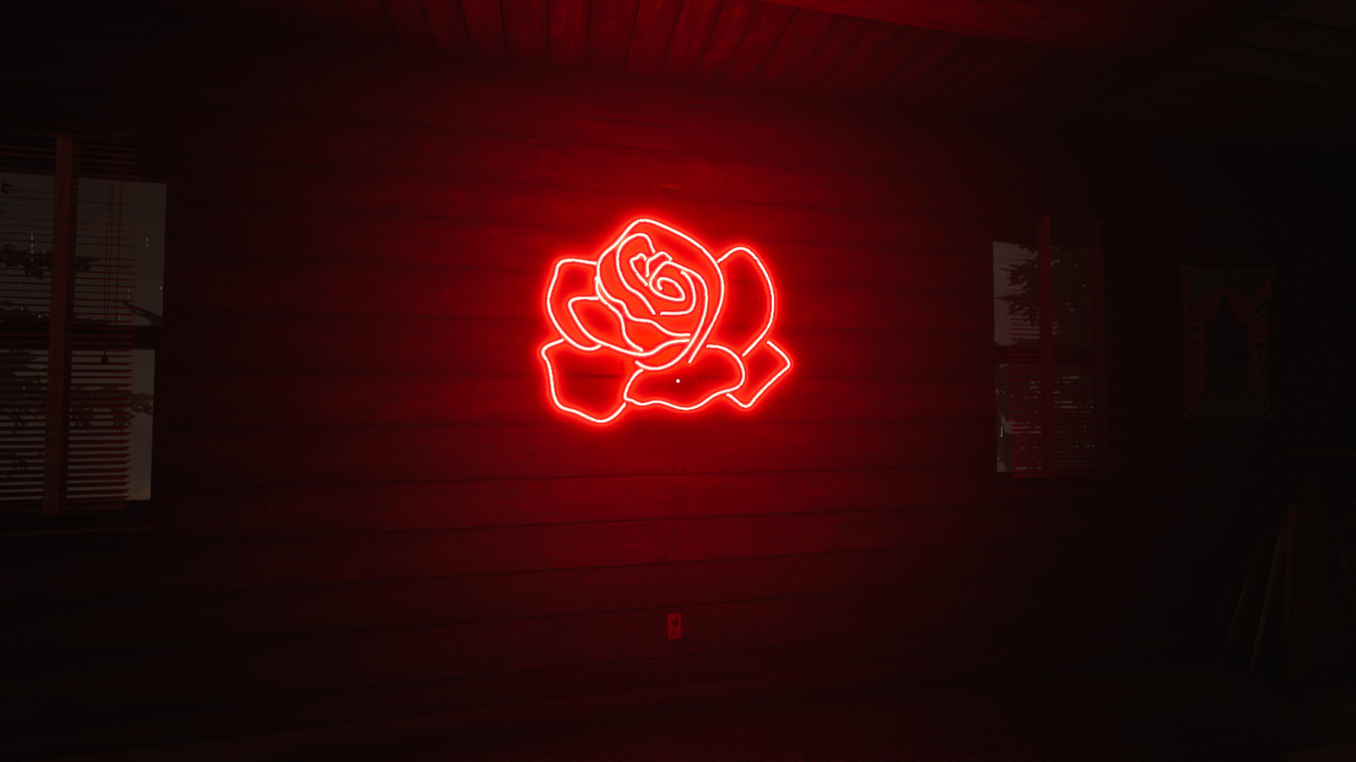 Zrzut ekranu z Suffer The Night. Czerwony neon w kształcie kwiatu róży.