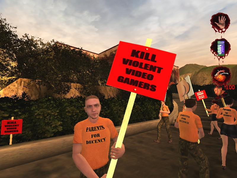 Zrzut ekranu z Postal 2. Protestujący tłum. Z przodu mężczyzna z transparentem "Kill violent video gamers".